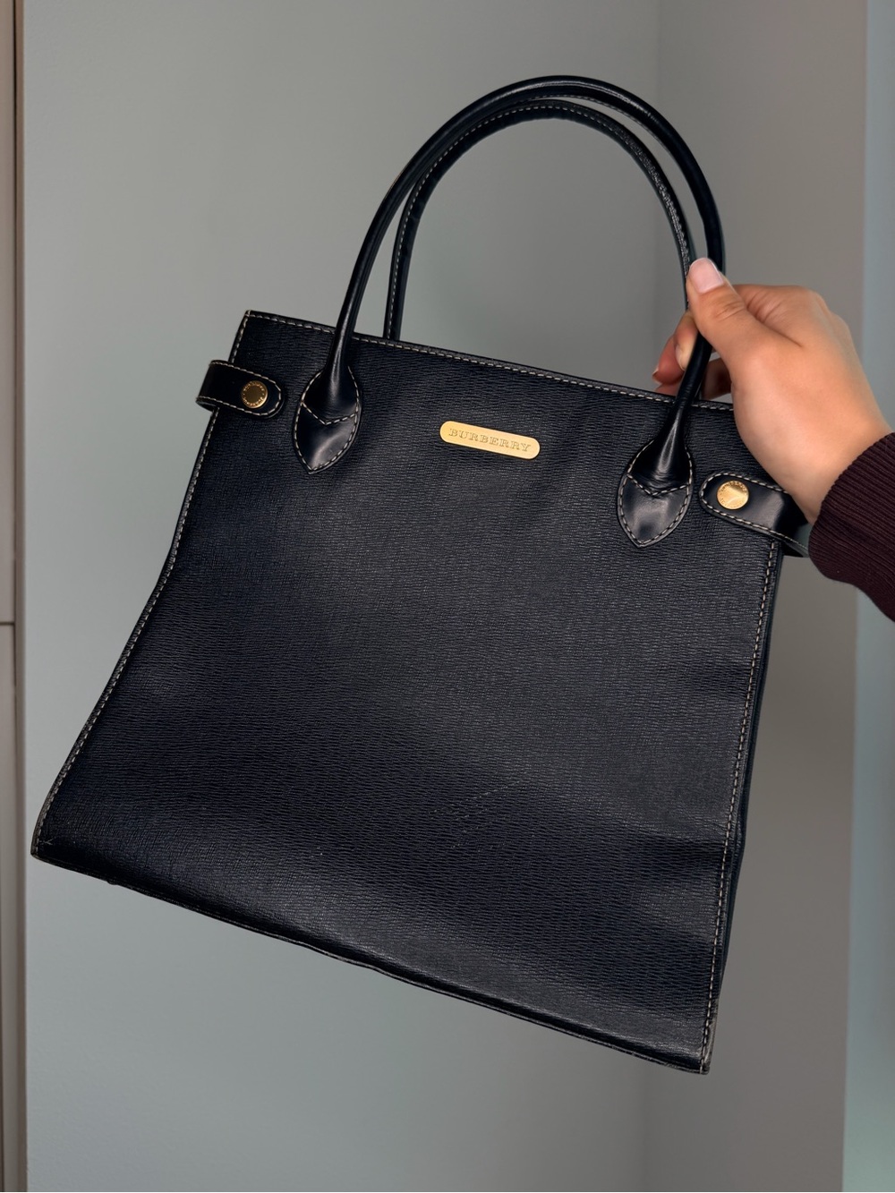 Vintage Burberry Black Leather Tote Bag